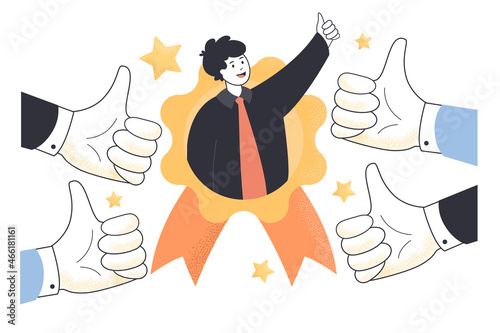 Recognition of employees best work by boss and colleagues. Hands of employers making thumbs up to popular happy man flat vector illustration. Reputation, human resources, career success concept