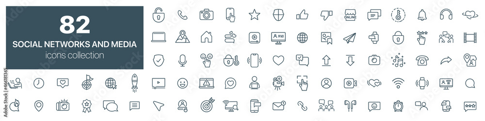 Social network and media line icons collection. Vector illustration eps10 - obrazy, fototapety, plakaty 