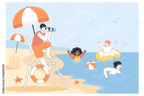 Beach lifeguard watching kids from tower with umbrella. Girls and boys swimming in sea water, rescuer on duty flat vector illustration. Protection, emergency assistance during summer vacation concept