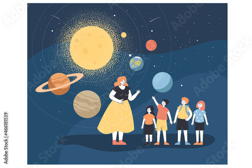 School teacher and kids studying astronomy in planetarium. Woman and children standing near hologram map with planets of solar system flat vector illustration. Educational trip, science concept