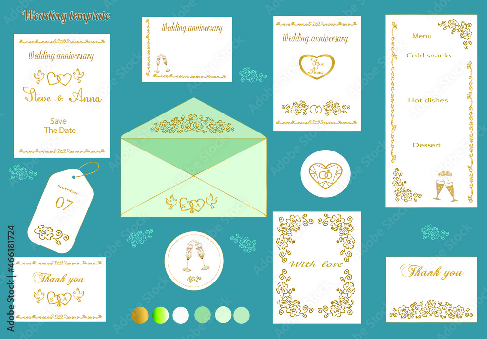 Beautiful delicate  invitations for weddings, set of cards with floral ornaments. Texts with gold letters. Digital graphic illustration 