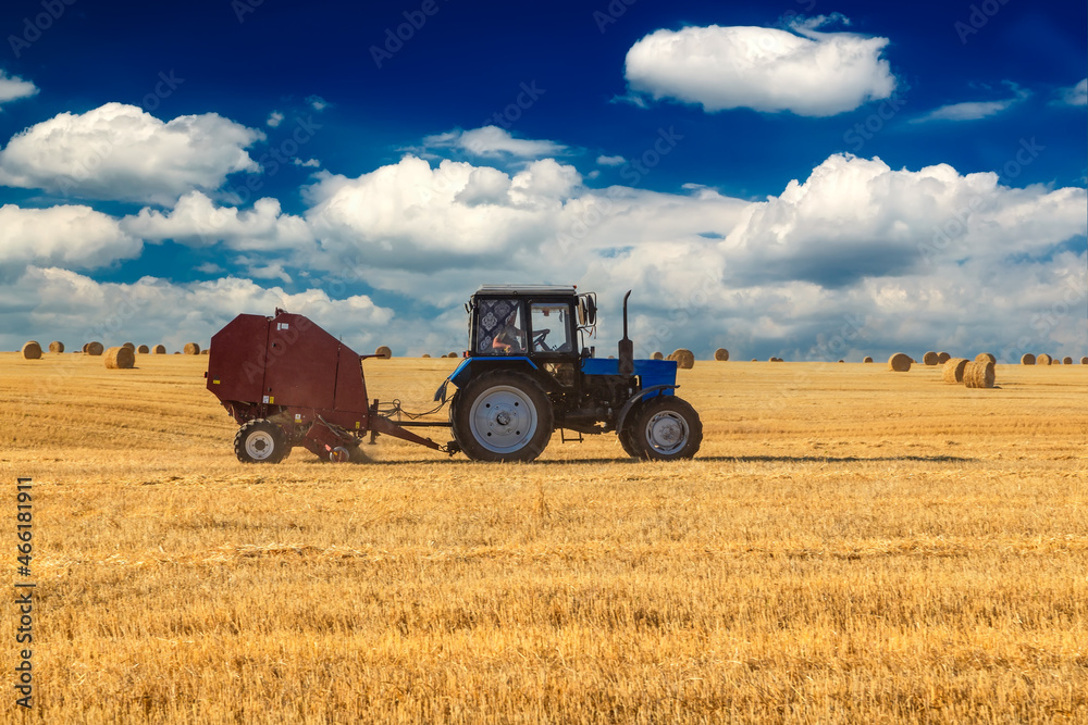 Fototapeta premium Tractor with bale machine for harvesting straw in the field and making large round bales. Agricultural work, harvesting hay on the hills in a summer field.
