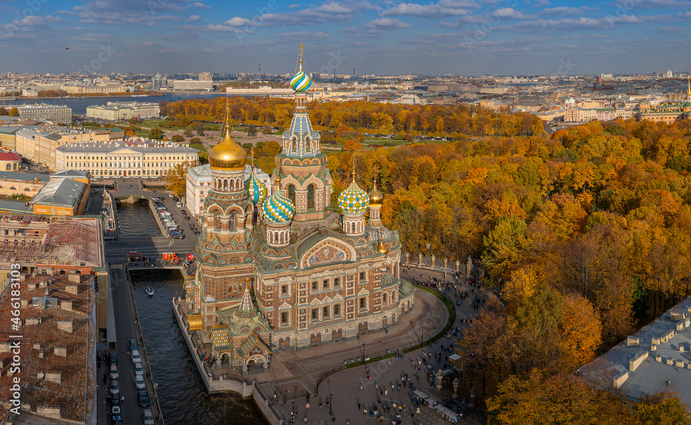 view of the Church of the Savior on Spilled Blood. Saint-Petersburg, Russia. September 2021