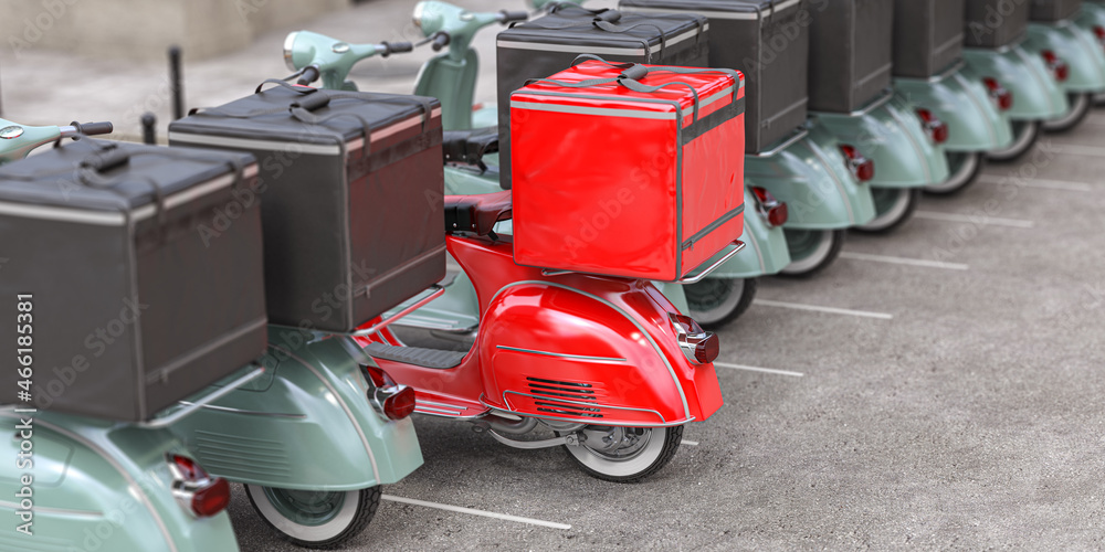Fototapeta premium Red delivery scooter with delivery bag in a row of mopeds of grey color. Fast express delivery concept.