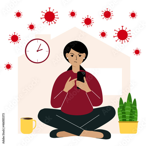 Self-quarantine concept. Work from home during a virus outbreak. The woman working on a mobile phone. Angry, aggressive