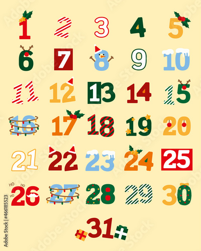 Advent calendar. New Year's Advent calendar for December. Numbered poster with New Year's numbers. Vector winter poster template.