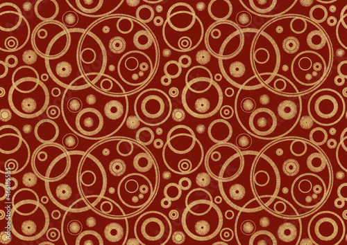 Abstract seamless pattern - overlapping circles. Golden glitter on red fabric texture. Digital art  A3.