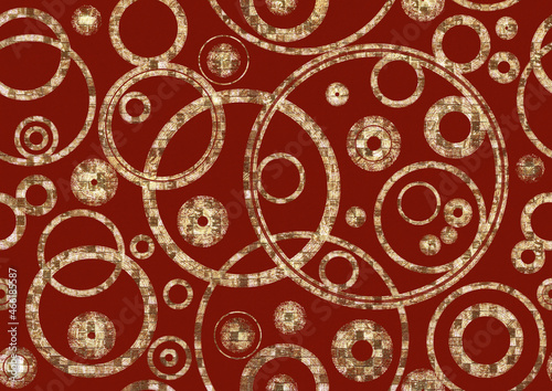Abstract seamless pattern - overlapping circles. Golden glitter with pattern of squares on red fabric texture. Digital art, A3.