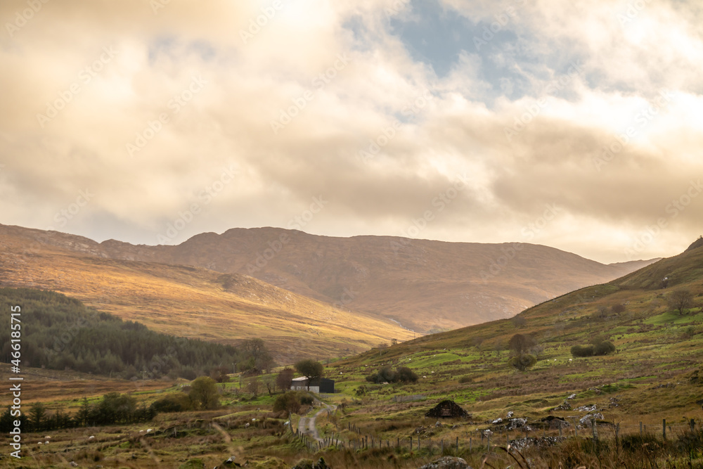 Fototapeta premium Rain coming in at the Bluestack Mountains between Glenties and Ballybofey in County Donegal - Ireland