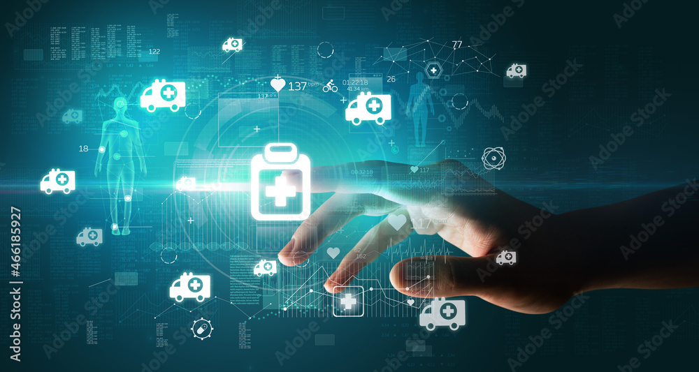 Doctor hand pressing futuristic health device with medical symbol on screen Doctor hand pressing futuristic health device with medical symbol on screen