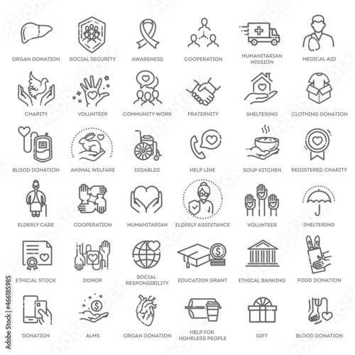 Set of charity line icons. Simple pictograms pack
