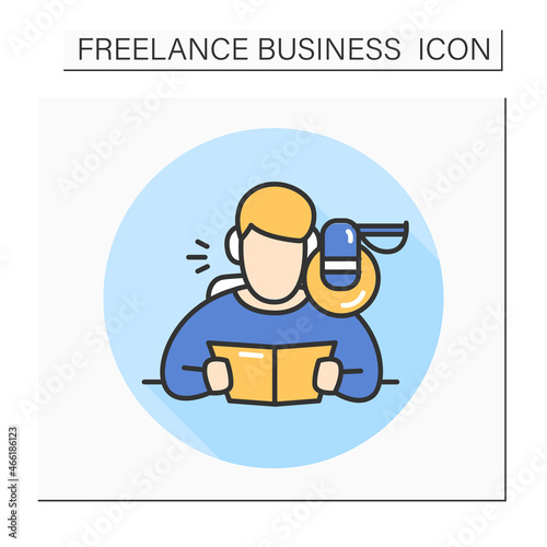 Voice acting color icon. Dubbing the films, serials or commercials.Audio content . Sound recording.Man records audio text.Isolated vector illustration