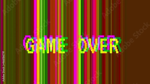 Game over glitch effect animation on a glitch background. Retro arcade game visual.
