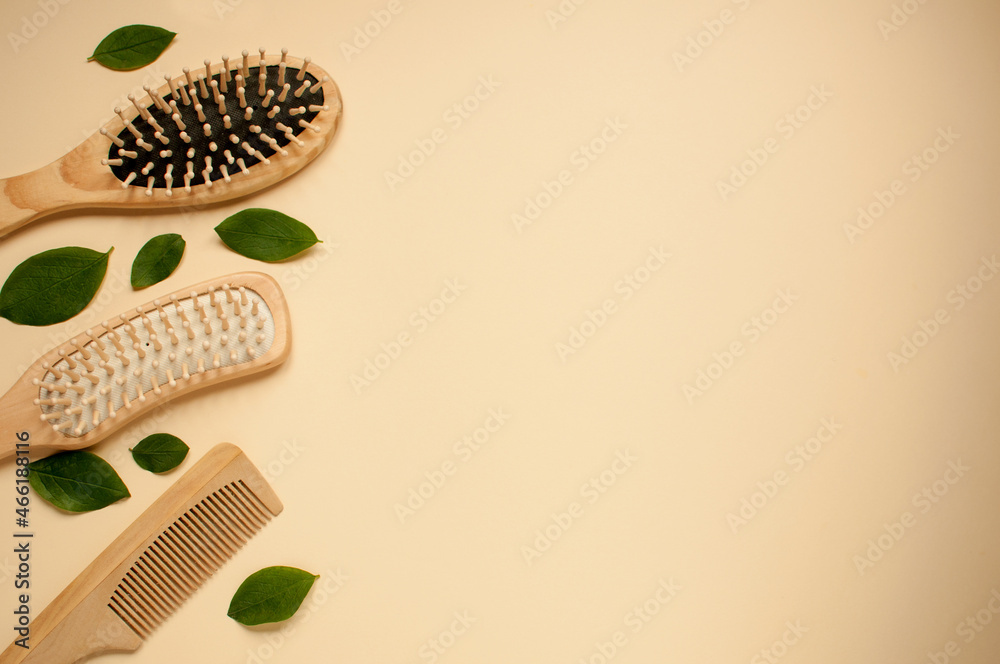 Fototapeta premium three wooden combs and green leaves on a beige background with space for text