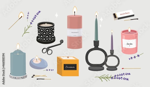 Collection of burning trendy candles. Different sizes and shapes with branches of cotton. Decorative wax candles for aromatherapy and relax. Set of isolated flat cartoon vector illustrations