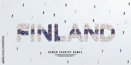 A large group of people stands, making up the word Finland. Finland flag made from people crowd. Vector illustration isolated on white background.
