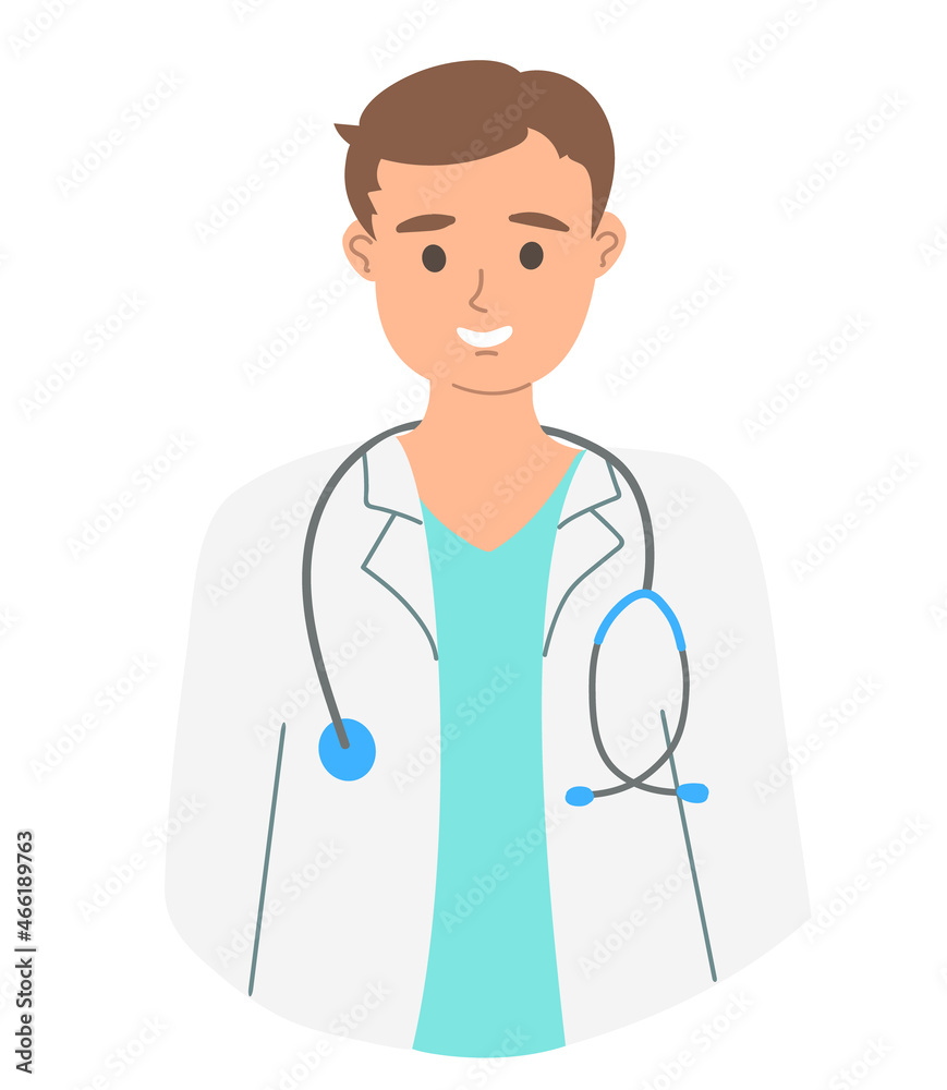 Smiling doctor with a stethoscope in a medical gown. Portrait of a medical worker of Slavic appearance in uniform. Isolated illustration on a white background
