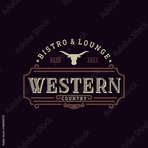 Vintage Emblem For Western Bar or Restaurant With Long Horn Icon Logo Design Inspiration