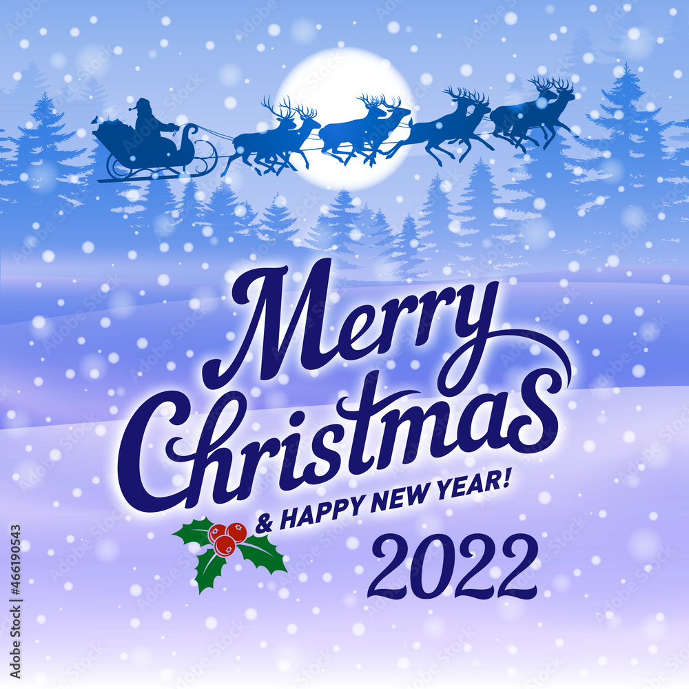 Silhouette of Santa Claus Flying on a Sleigh Pulled by Reindeer, Over Christmas Winter Forest with a Full Moon. Merry Christmas and Happy New Year 2022 Greeting Card