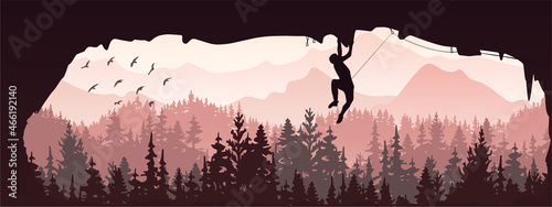 Silhouette of rock climber climbing overhang in cave. Forest and mountains in the background, birds. Magical misty landscape, fog. Violet and pink illustration. Banner.