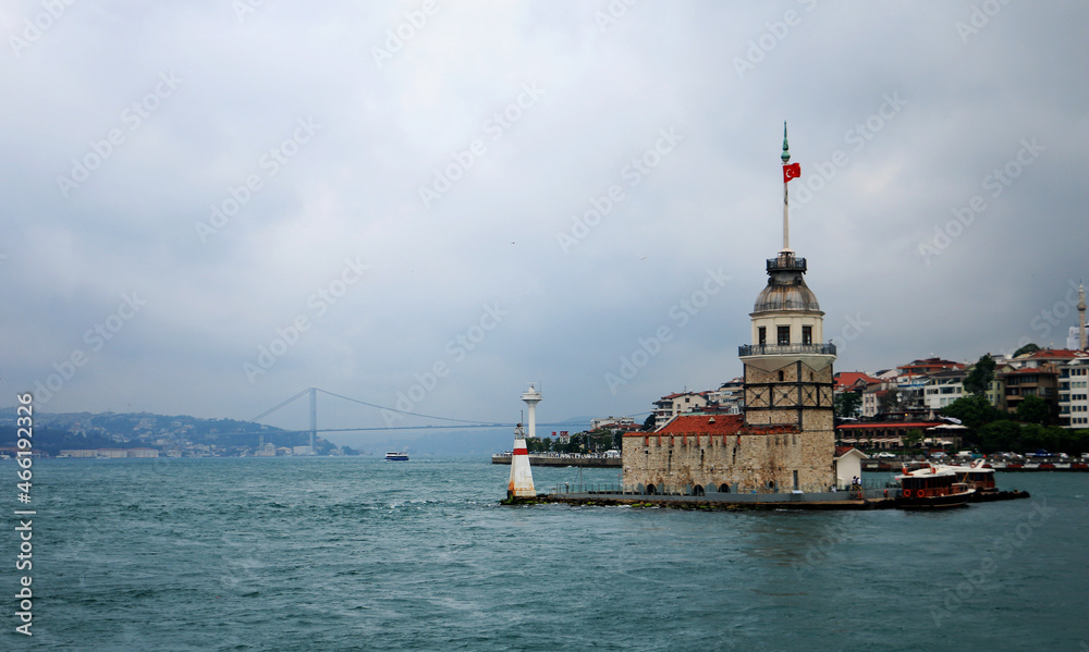 Maiden Tower in İstanbul with a view of Bosphorus Bridge.