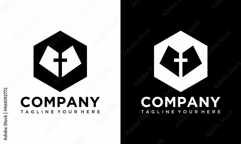 Hexagon Christian cross church and open book logo. Christian symbol of Jesus Christ. Natural brush strokes with rough edges. Cross silhouette outline. on a black and white background. Hexagon Christian cross church and open book logo. Christian symbol of Jesus Christ. Natural brush strokes with rough edges. Cross silhouette outline. on a black and white background.