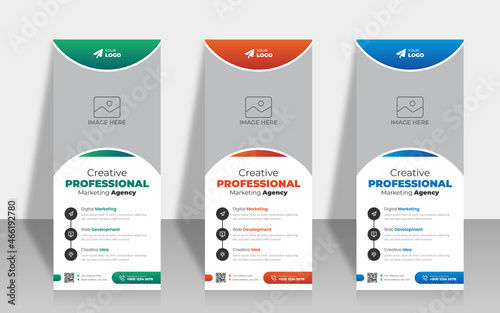 Design of vector white roll-up banners with round, square, diagonal and triangular design elements and a place for photos