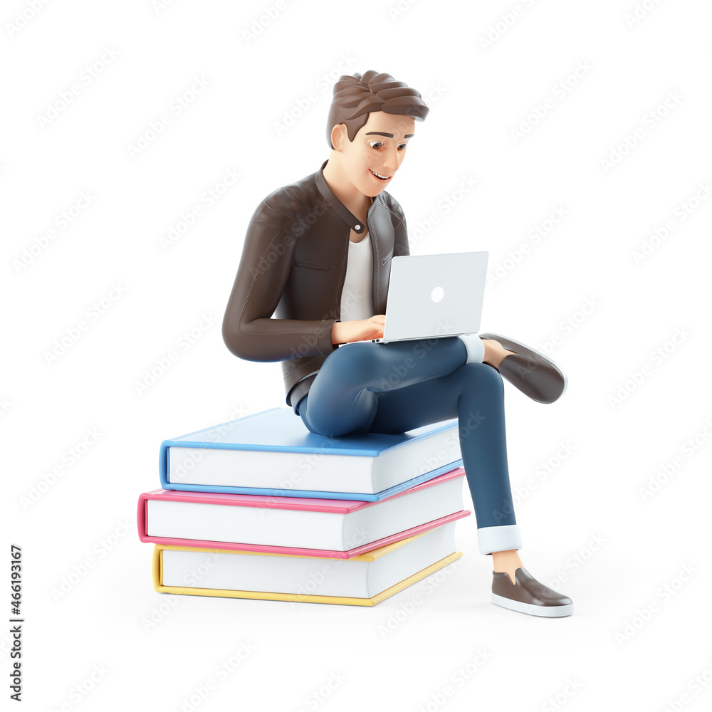 3d cartoon man sitting on books with laptop 3d cartoon man sitting on books with laptop