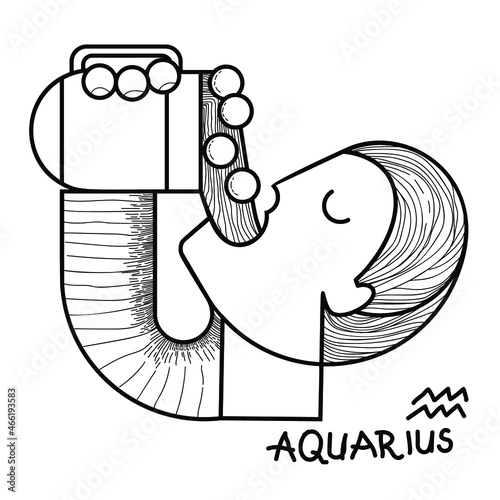 Funny Zodiac Aquarius Sign. Humorous Aquarius horoscope symbol. Human drinks beer. Line art sketch vector illustration