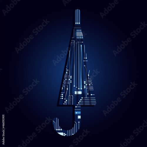 Umbrella symbol with a technological electronics circuit. Blue background.