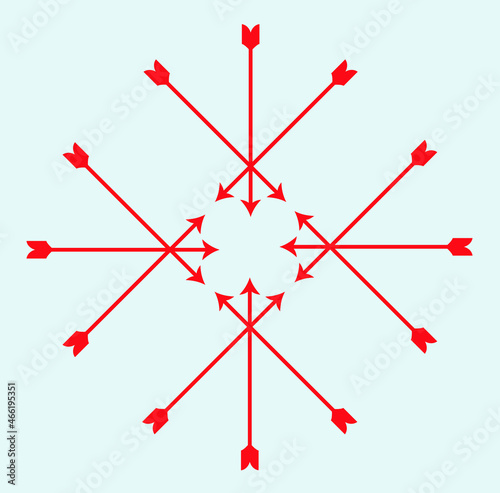 Radiating arrows. Circular arrow element. Vintage arrow logo. Hand draw design element. Red arrow isolated on soft blue background. Vector Illustration