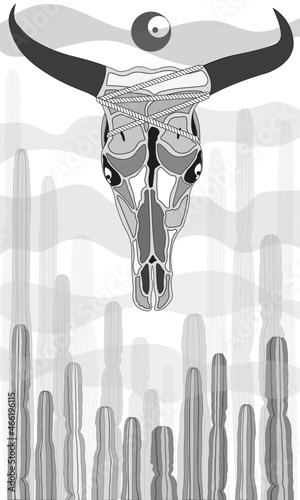 Cornamenta de vaca con cuernos y cuerda rodeada de cactus en blanco y negro photo