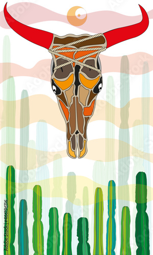 Cornamenta de vaca con cuernos y cuerda rodeada de cactus