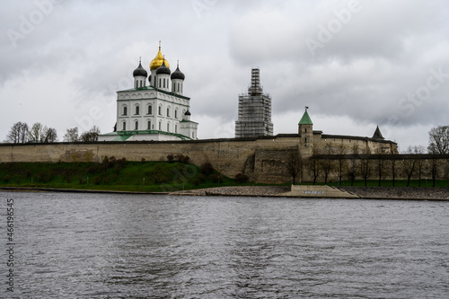 Holy Trinity Cathedral. Historic site in Pskov. Fortress wall. Pskov Krom. It is a nasty day.