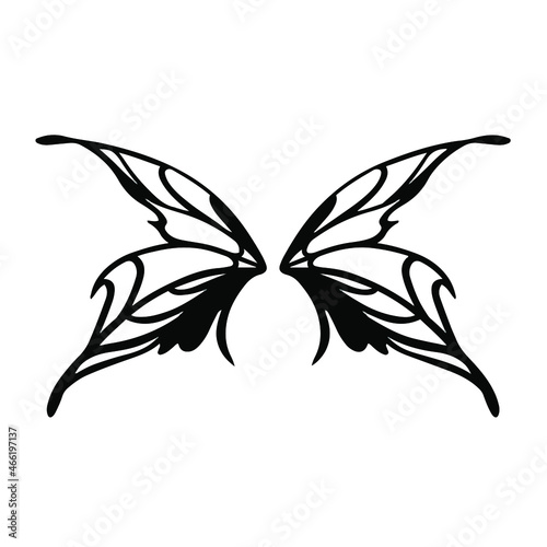 Black Tribal Fairy Wings Logo on White Background. Tattoo Design Stencil Vector Illustration.