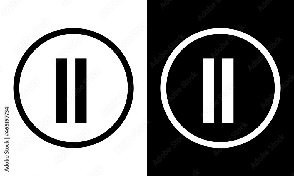 Black and white pause button. Vector pause button. Isolated on a white and black background Black and white pause button. Vector pause button. Isolated on a white and black background