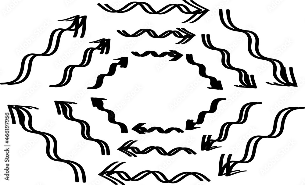 Wavy arrow coiled around wavy arrow. Hand drawn element. Isolated on a white background. Doodle vector illustration.
