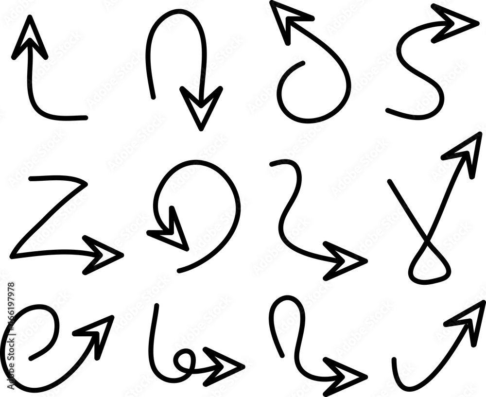 Hand drawn arrows set. Doodle arrow sign. Vector illustration