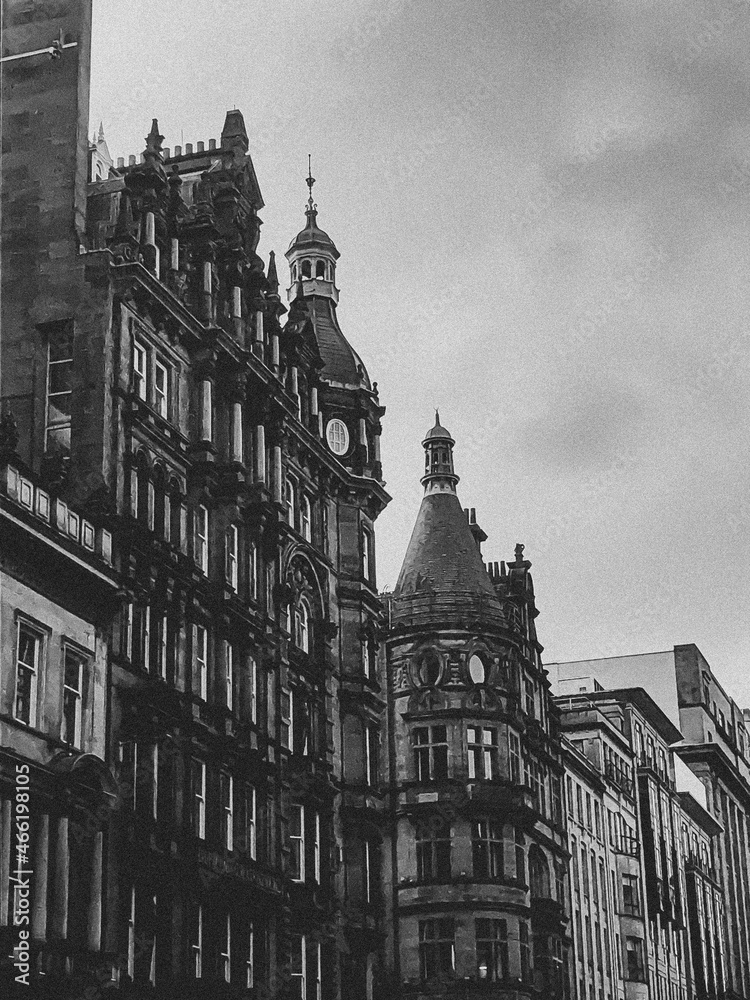 Black and White photo of old buildings in Glasgow Scotland