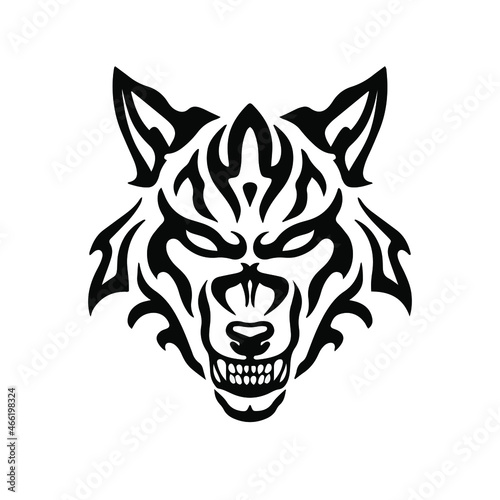 Black Tribal Wolf Head Logo on White Background. Tattoo Design Stencil Vector Illustration