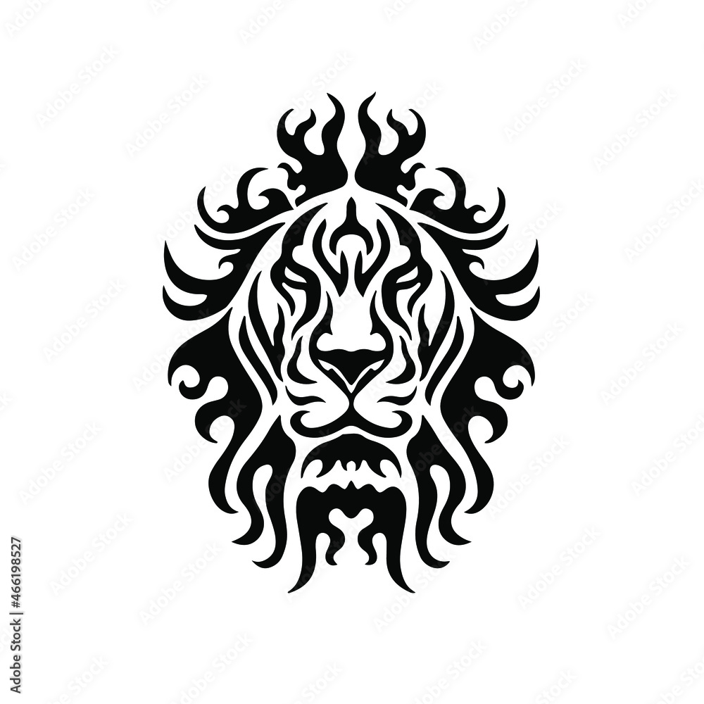 Black Tribal Lion Head Logo on White Background. Tattoo Design Stencil Vector Illustration