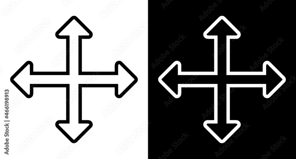 Black and White Four sided arrow icon. Vector Element for web design, mobile app, info graphics. Thin line icon on white and black background Black and White Four sided arrow icon. Vector Element for web design, mobile app, info graphics. Thin line icon on white and black background
