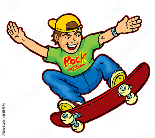 teenager doing radical maneuver with skateboard. cartoon style drawing ( 