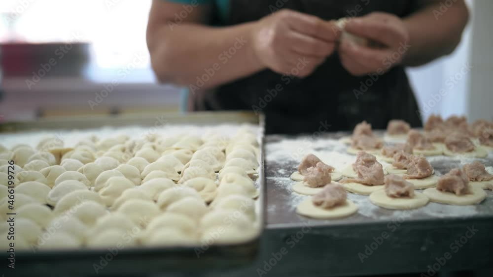 semi-finished products. cooking. close-up. cook's hands lay out pieces of minced meat on dough for making dumplings, ravioli, pelmeni. buffet restaurant kitchen. semi-finished products. cooking. close-up. cook's hands lay out pieces of minced meat on dough for making dumplings, ravioli, pelmeni. buffet restaurant kitchen.