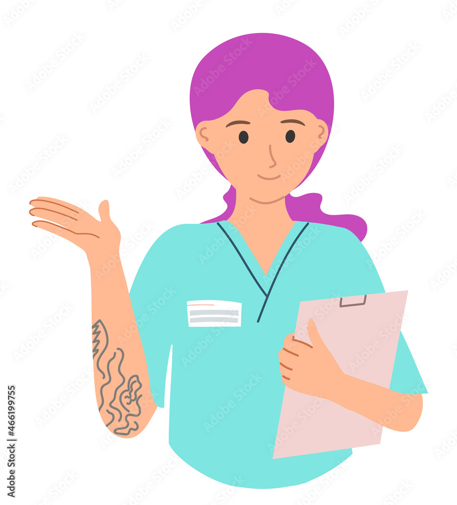The girl is a doctor with an alternative appearance with tattoos on her arm in a medical uniform with a folder. A nurse with pink hair. Isolated illustration on a white background