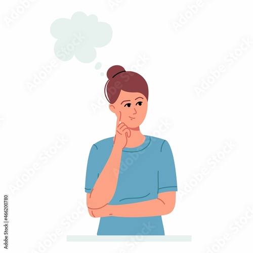 Cartoon character of young woman smiling and thinking something with thought bubble while touching finger on face. Flat design.