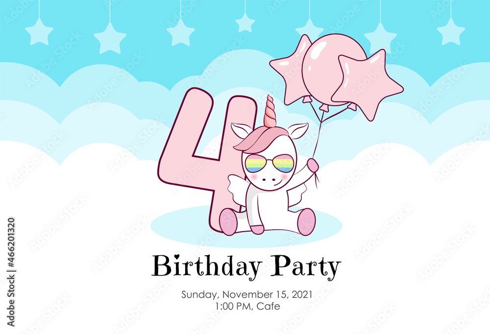 Birthday invitation with cute unicorn, balloons and clouds in blue and pink colors. Ready to use and editable template. An invitation for children and adults. Fourth year of birth. Birthday invitation with cute unicorn, balloons and clouds in blue and pink colors. Ready to use and editable template. An invitation for children and adults. Fourth year of birth.