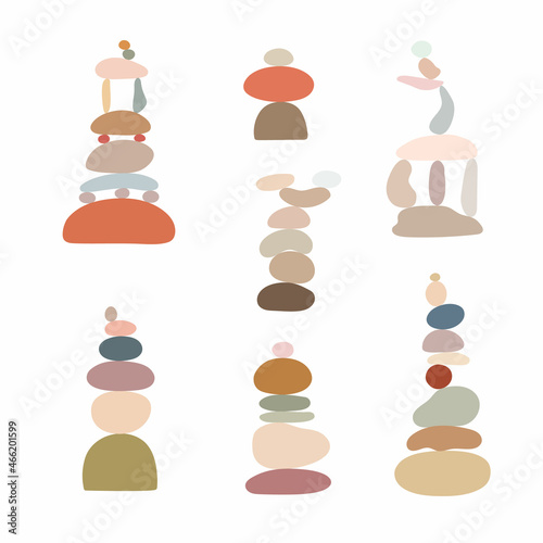 Zen stones set simple abstract flat style vector illustration, relax, meditation and yoga concept, boho colors stone pyramid for making banners, posters, cards, prints, wall art