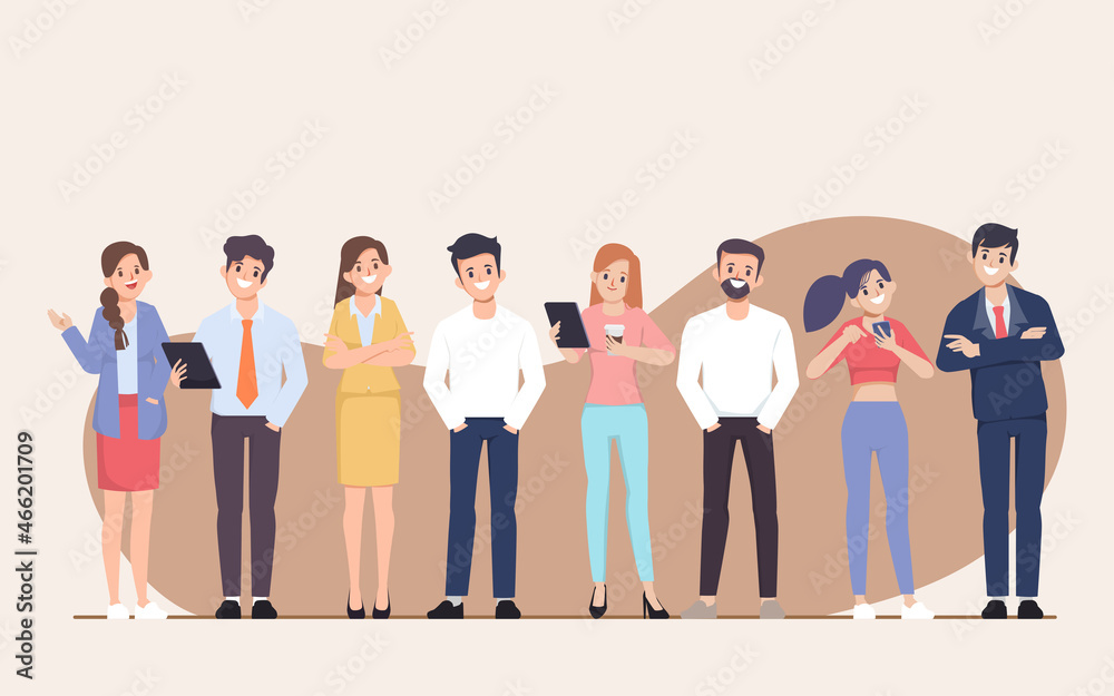 Fototapeta premium Brainstorming people with smartphone, character. Flat cartoon illustration vector design.