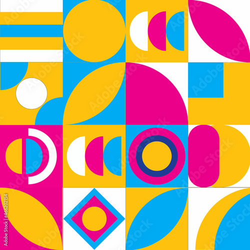 Geometry minimalistic artwork poster with simple shape and figur.Colorful neo geometric poster. Grid with color geometrical shapes